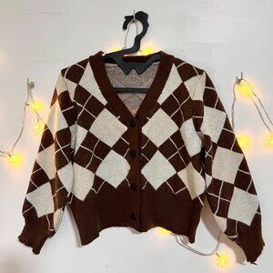 Brown Argyle Knit Cardigan Sweater Preppy